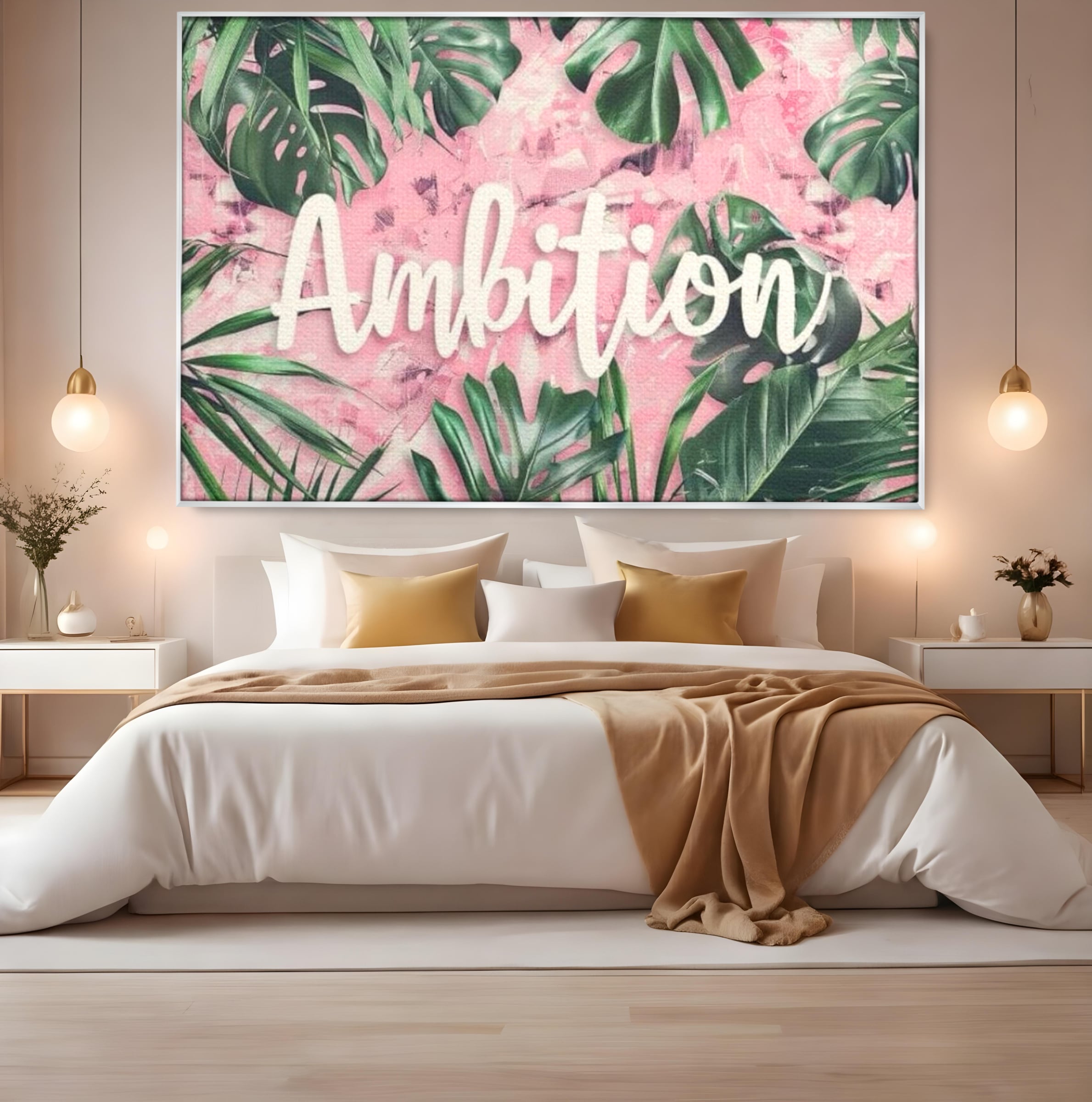 Tablou canvas cu tablou canvas cu frunze tropicale si text, in rama de aluminiu argintiu, pe perete intr-un dormitor